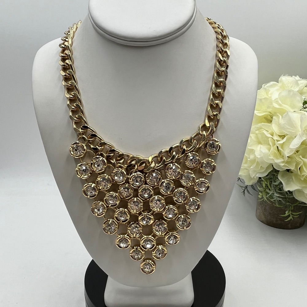 Gold-tone Faceted Glass Rhinestone Bib Draped Sparkly Chunky Curb‎ Link Necklace